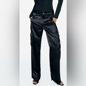 Zara Black Satin Straight Leg Cargo Pants Slacks Trousers